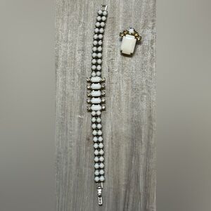 Vintage Kramer white milk glass & clear rhinestone bracelet matching clip-on.
